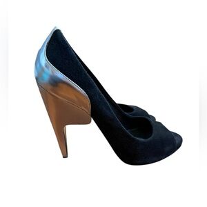 Pierre Hardy Black Suede Silver Chrome Colorblock Peeptoe Heels